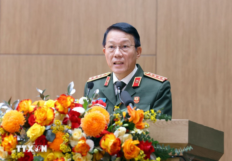 Đại tướng Lương Tam Quang, Ủy viên Bộ Chính trị, Bí thư Đảng uỷ Công an Trung ương, Bộ trưởng Bộ Công an phát biểu. (Ảnh: Phạm Kiên/ TTXVN)