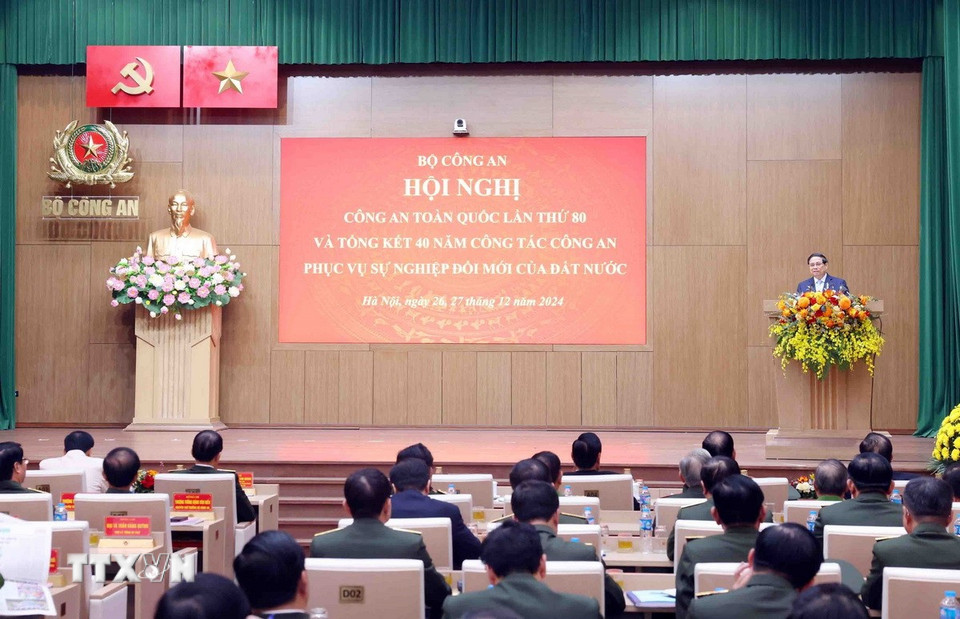 Thủ tướng Phạm Minh Chính phát biểu chỉ đạo tại Hội nghị Công an toàn quốc lần thứ 80. (Ảnh: Dương Giang/TTXVN)