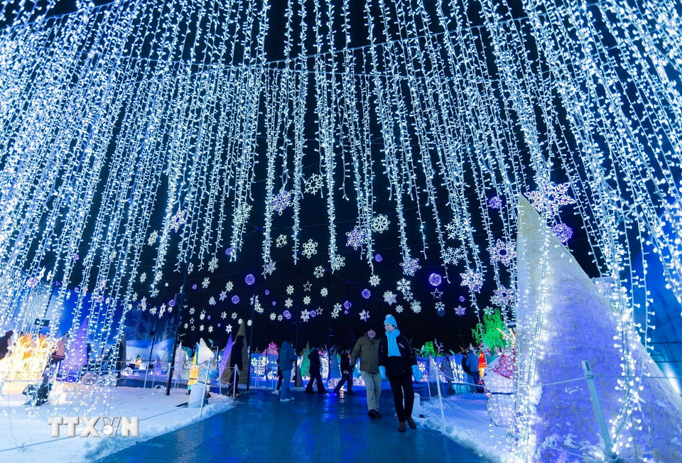 Du khách tham quan Triển lãm ánh sáng tại Mississauga, Ontario, Canada. (Ảnh: THX/TTXVN)