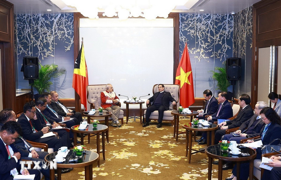 Thủ tướng Phạm Minh Chính hội kiến Tổng thống Timor-Leste Jose Ramos-Horta. (Ảnh: Dương Giang/TTXVN)