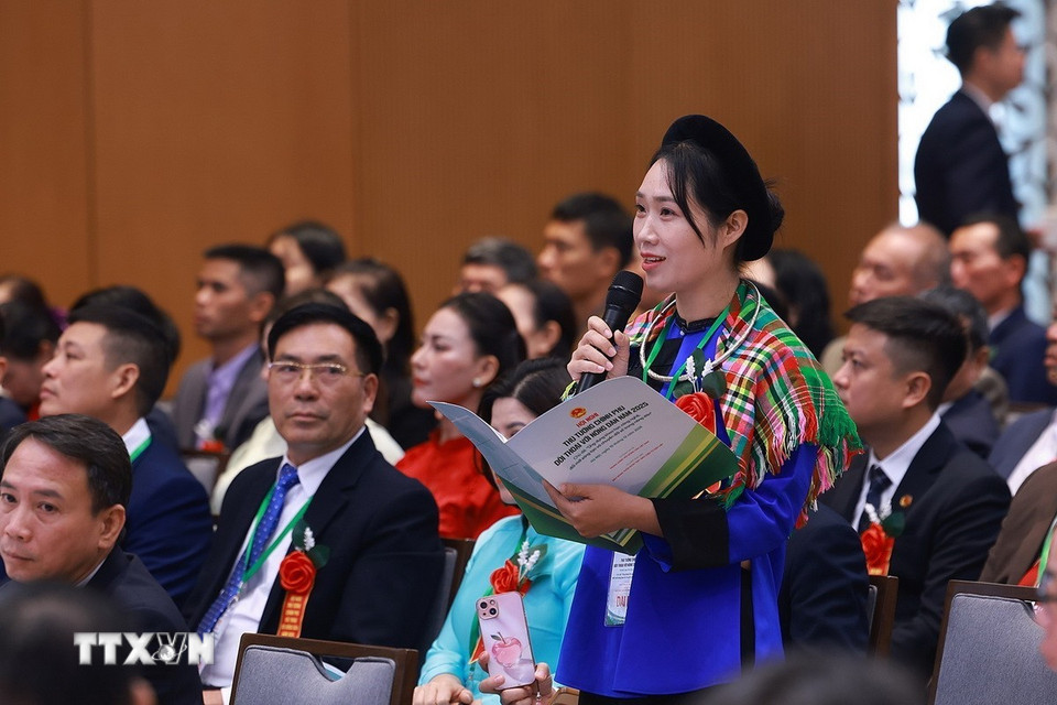 Bà Vương Thị Thương, nông dân tỉnh Lạng Sơn phát biểu ý kiến. (Ảnh: Dương Giang/TTXVN)