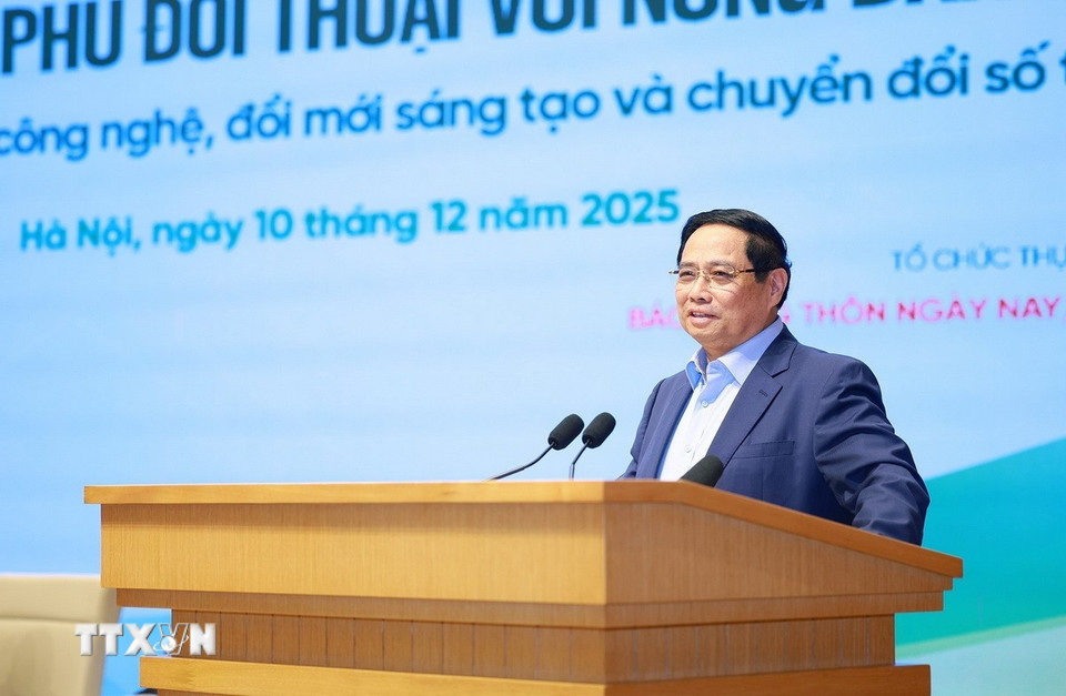 Thủ tướng Phạm Minh Chính phát biểu tại Hội nghị Thủ tướng Chính phủ đối thoại với nông dân năm 2025. (Ảnh: Dương Giang/TTXVN)