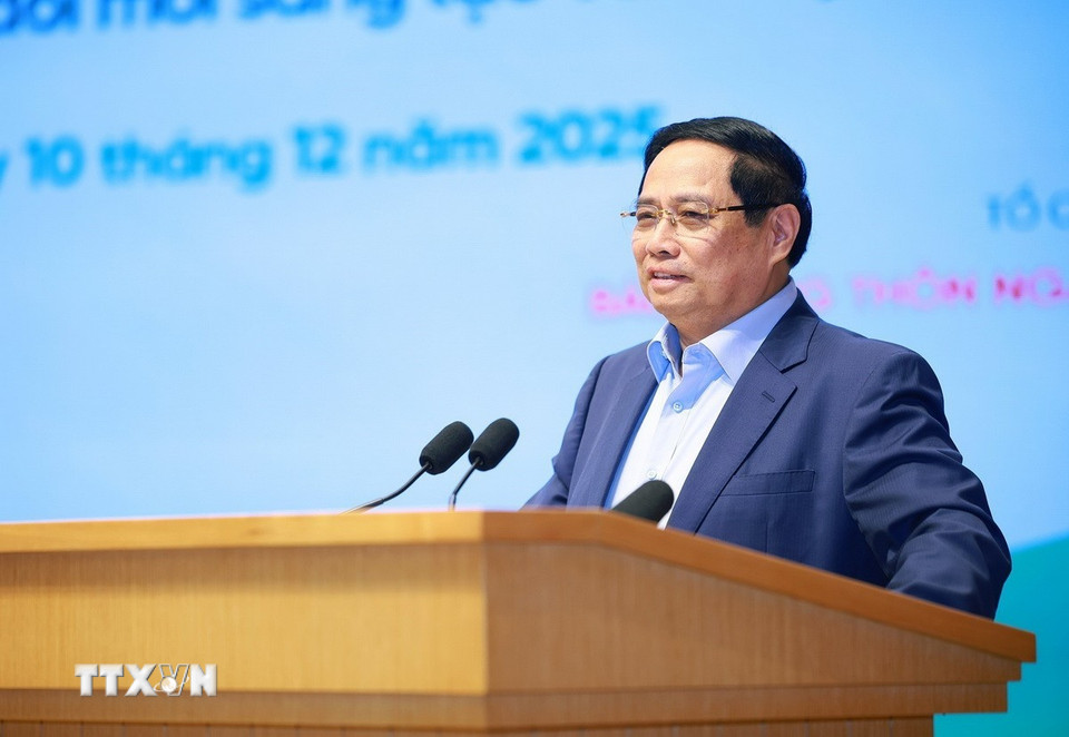 Thủ tướng Phạm Minh Chính phát biểu tại Hội nghị Thủ tướng Chính phủ đối thoại với nông dân năm 2025. (Ảnh: Dương Giang/TTXVN)