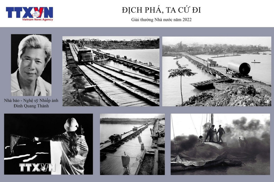 Tác giả Đinh Quang Thành nhận Giải thưởng Nhà nước năm 2022, với bộ ảnh “Địch phá ta cứ đi” gồm 5 ảnh. (Ảnh: TTXVN)