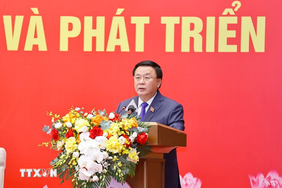 Đồng chí Nguyễn Xuân Thắng, Ủy viên Bộ Chính trị, Giám đốc Học viện Chính trị Quốc gia Hồ Chí Minh, Chủ tịch Hội đồng Lý luận Trung ương phát biểu. (Ảnh: Doãn Tấn/TTXVN)