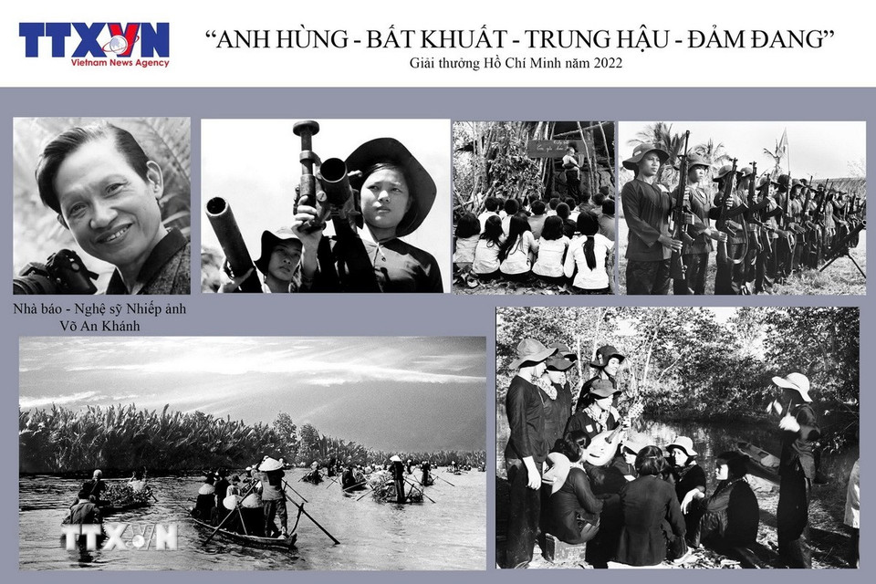 Cố nghệ sỹ nhiếp ảnh Võ An Khánh vinh dự được nhận cả 2 Giải thưởng Hồ Chí Minh và Giải thưởng Nhà nước về Văn học Nghệ thuật. Trong ảnh: Bộ ảnh “Anh hùng – Bất khuất – Trung hậu – Đảm đang”, gồm 10 ảnh được nhận Giải thưởng Hồ Chí Minh năm 2022. (Ảnh: TTXVN)