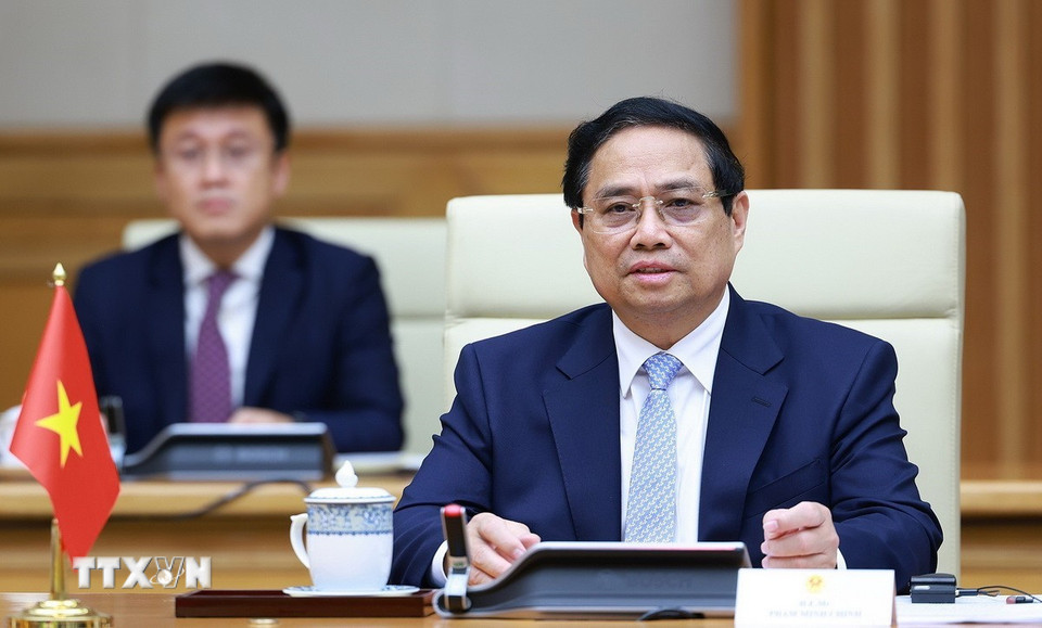 Thủ tướng Phạm Minh Chính phát biểu tại cuộc hội đàm với Thủ tướng Kyrgyzstan Adylbek Kasymaliev. (Ảnh: Dương Giang/TTXVN)