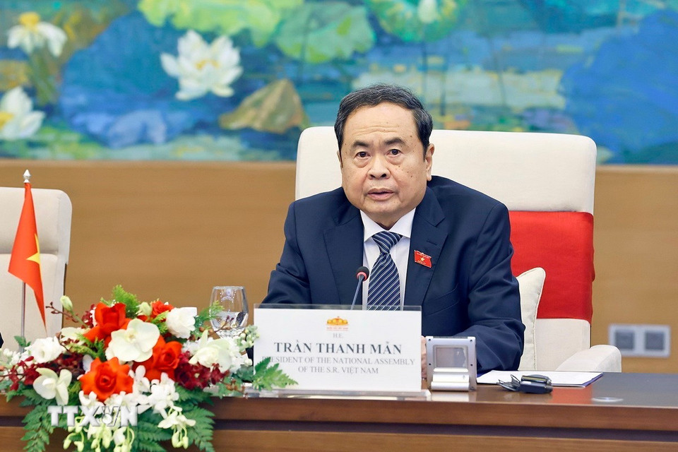 Chủ tịch Quốc hội Trần Thanh Mẫn phát biểu tại hội đàm. (Ảnh: Doãn Tấn/TTXVN)