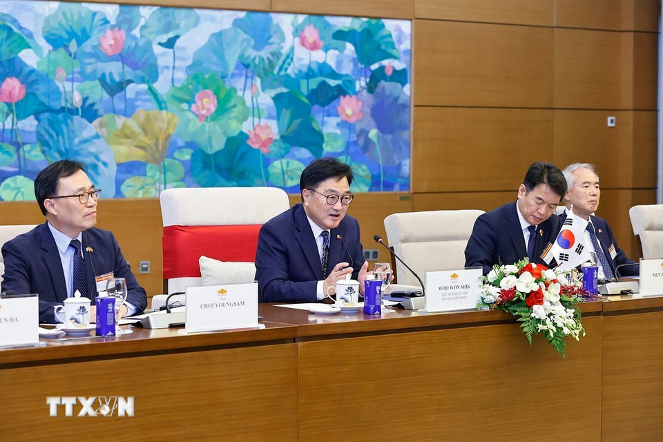 Chủ tịch Quốc hội Đại Hàn Dân Quốc Woo Won Shik phát biểu tại hội đàm. (Ảnh: Doãn Tấn /TTXVN)