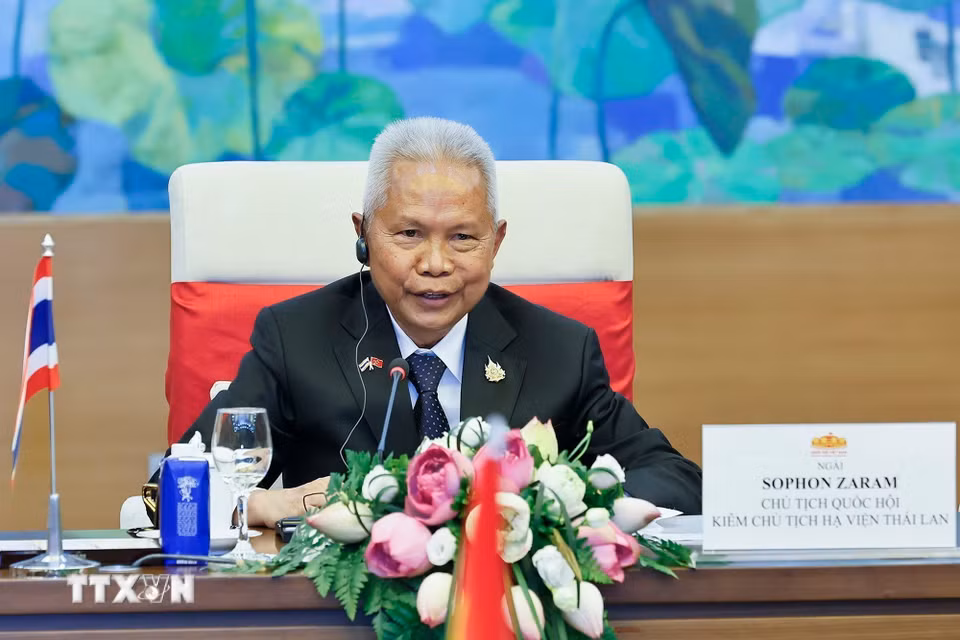 Chủ tịch Quốc hội kiêm Chủ tịch Hạ viện Vương quốc Thái Lan Sophon Zaram phát biểu. (Ảnh: Doãn Tấn/TTXVN)