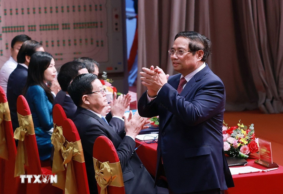 Thủ tướng Phạm Minh Chính, Bí thư Đảng ủy Chính phủ dự Đại hội đại biểu Đảng bộ Đài Truyền hình Việt Nam lần thứ 12, nhiệm kỳ 2025-2030. (Ảnh: Dương Giang/TTXVN)