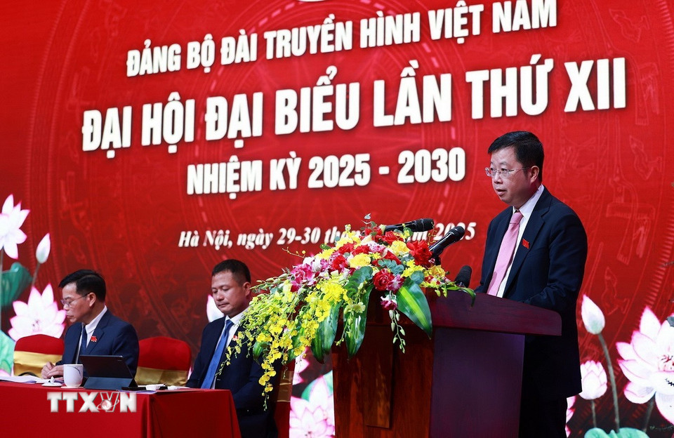 Bí thư Đảng ủy, Tổng Giám đốc Đài Truyền hình Việt Nam Nguyễn Thanh Lâm phát biểu. (Ảnh: Dương Giang/TTXVN)