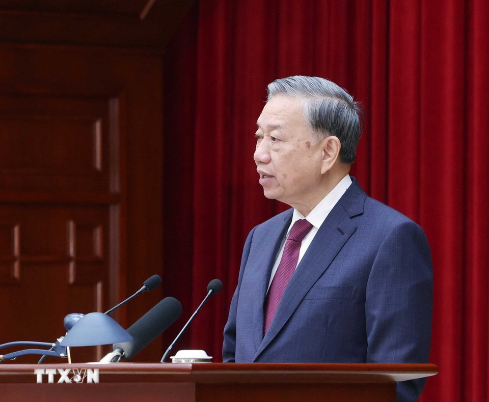 Tổng Bí thư Tô Lâm phát biểu bế mạc Hội nghị lần thứ 14 Ban Chấp hành Trung ương Đảng khóa XIII. (Ảnh: Thống Nhất/TTXVN)