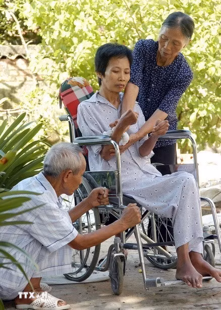 Chị Trần Thị Hòa, xã Gia Lập, huyện Gia Viễn là lính công binh Trường Sơn thuộc sư 472, đoàn 559 bị nhiễm chất độc da cam/dioxin, teo liệt toàn thân hiện đang phải nương tựa vào sự chăm sóc của cha mẹ già. (Ảnh: Dương Ngọc/TTXVN)