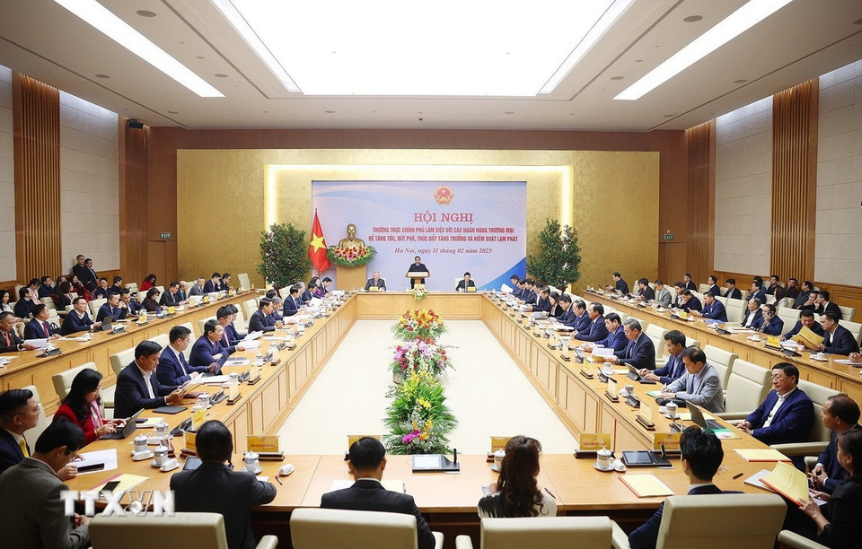 Hội nghị Thường trực Chính phủ làm việc với các ngân hàng thương mại. (Ảnh: Dương Giang/TTXVN)