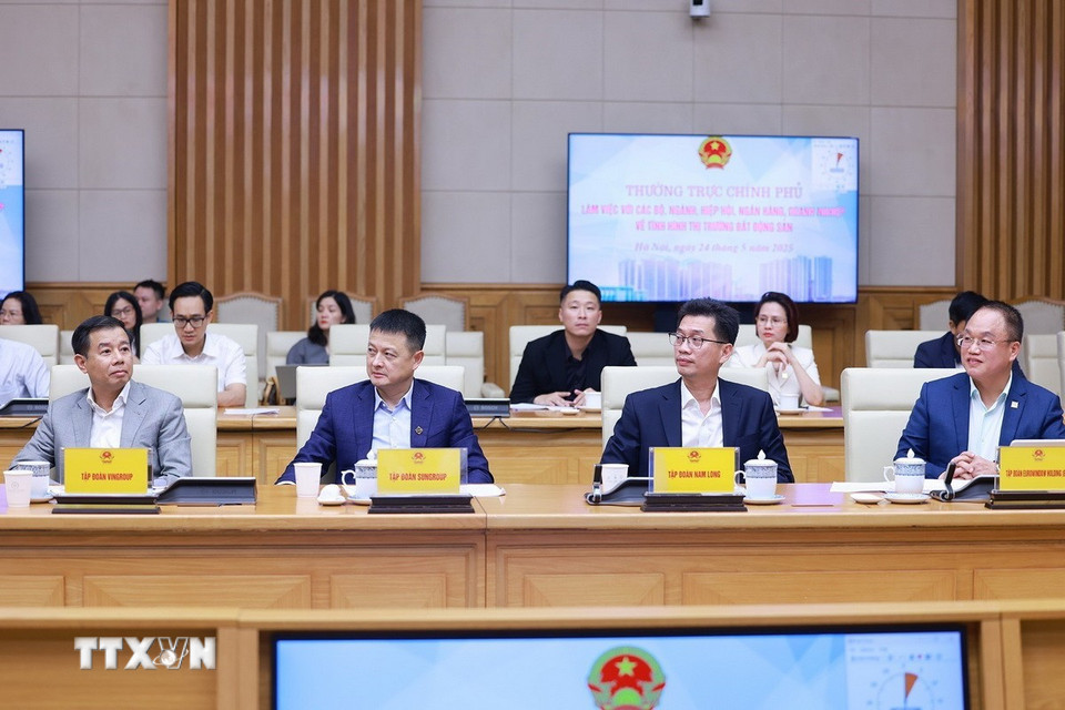 Các đại biểu đại diện các hiệp hội, doanh nghiệp tham dự cuộc làm việc về tình hình thị trường bất động sản. (Ảnh: Dương Giang/TTXVN)