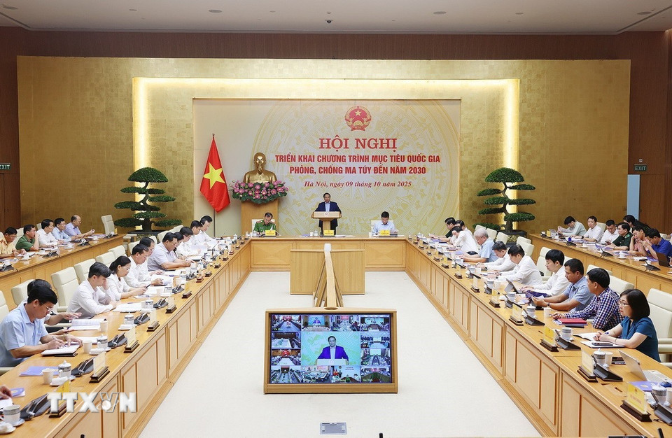 Thủ tướng Phạm Minh Chính chủ trì Hội nghị triển khai Chương trình mục tiêu quốc gia phòng, chống ma túy đến năm 2030. (Ảnh: Dương Giang/TTXVN)