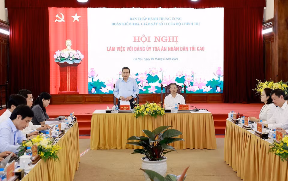 Chủ tịch Quốc hội Trần Thanh Mẫn, Trưởng đoàn Kiểm tra, giám sát số 11 phát biểu. (Ảnh: Doãn Tấn/TTXVN)
