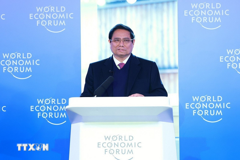 Thủ tướng Phạm Minh Chính chủ trì Phiên đối thoại chiến lược quốc gia Việt Nam WEF. (Ảnh: Dương Giang/TTXVN)