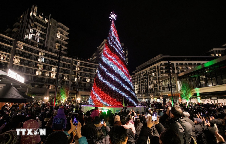 Cây thông Noel được trang hoàng rực rỡ tại Richmond, British Columbia, Canada. (Ảnh: THX/TTXVN)
