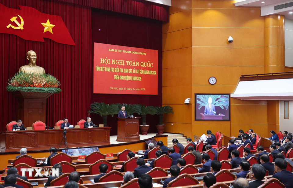 Tổng Bí thư Tô Lâm phát biểu chỉ đạo tại hội nghị kiểm tra giám sát kỷ luật của Đảng. (Ảnh: Thống Nhất/TTXVN)