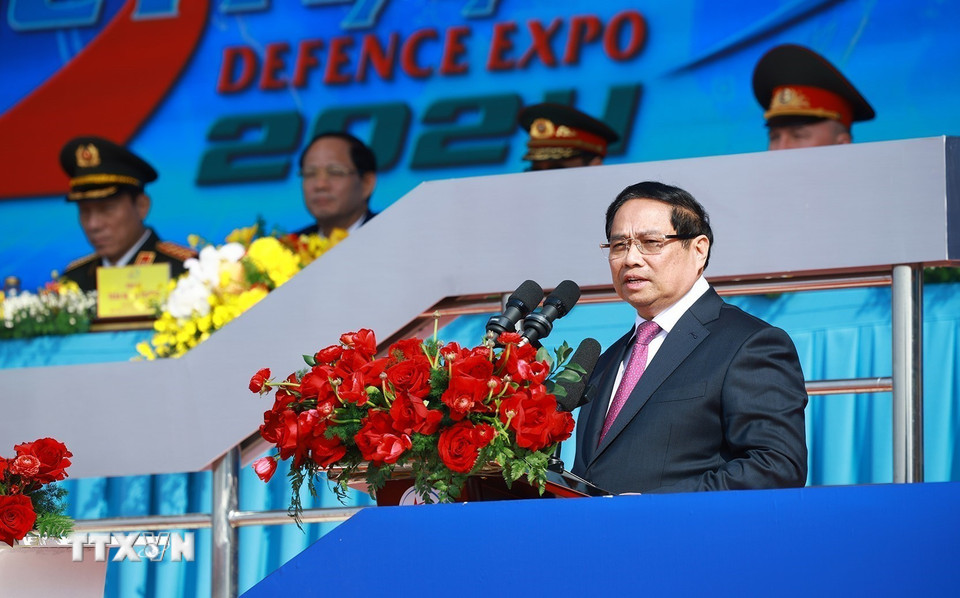Thủ tướng Phạm Minh Chính phát biểu tại Lễ khai mạc Triển lãm Quốc phòng quốc tế Việt Nam 2024. (Ảnh: Dương Giang/TTXVN)