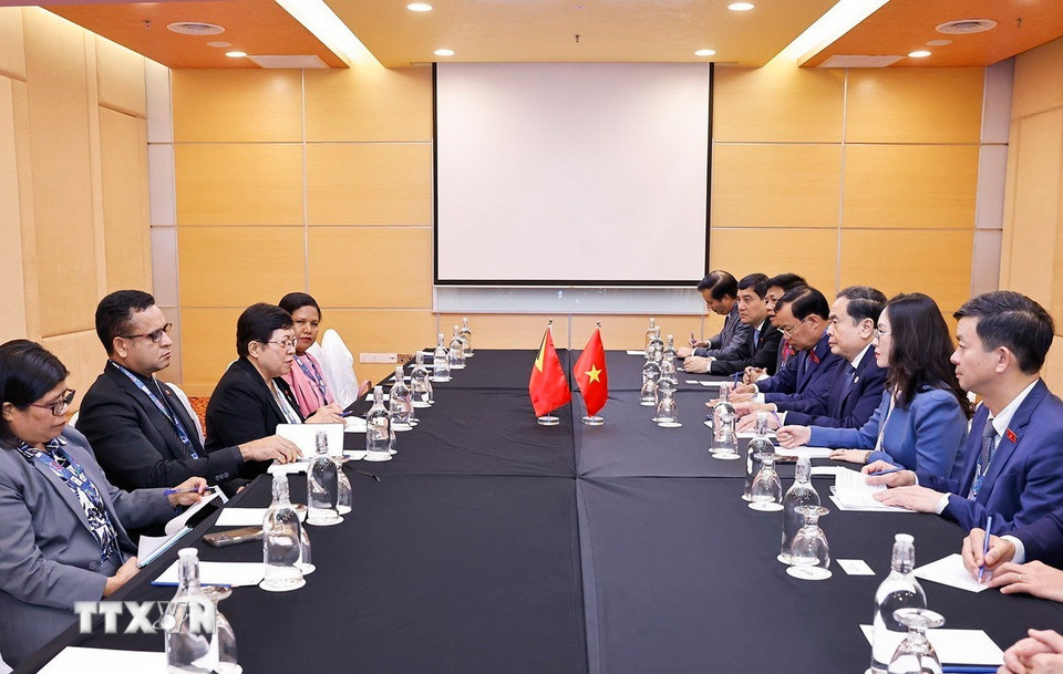 Chủ tịch Quốc hội Trần Thanh Mẫn gặp Chủ tịch Quốc hội Timor Leste Maria Fernanda Lay. (Ảnh: Doãn Tấn/TTXVN)