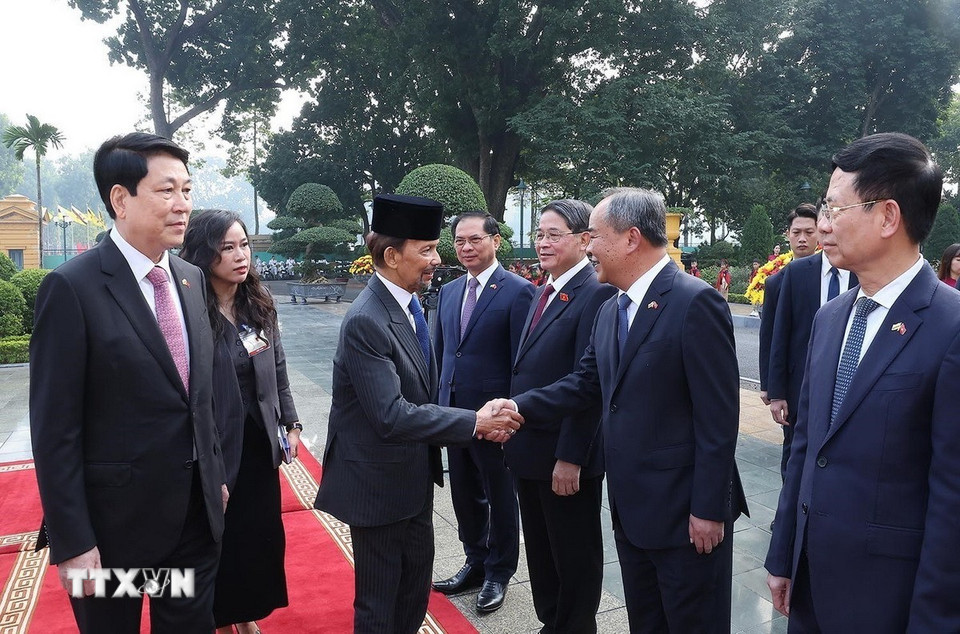 Chủ tịch nước Lương Cường và Quốc vương Brunei Darussalam Haji Hassanal Bolkiah với đại biểu hai nước. (Ảnh: Lâm Khánh/TTXVN)