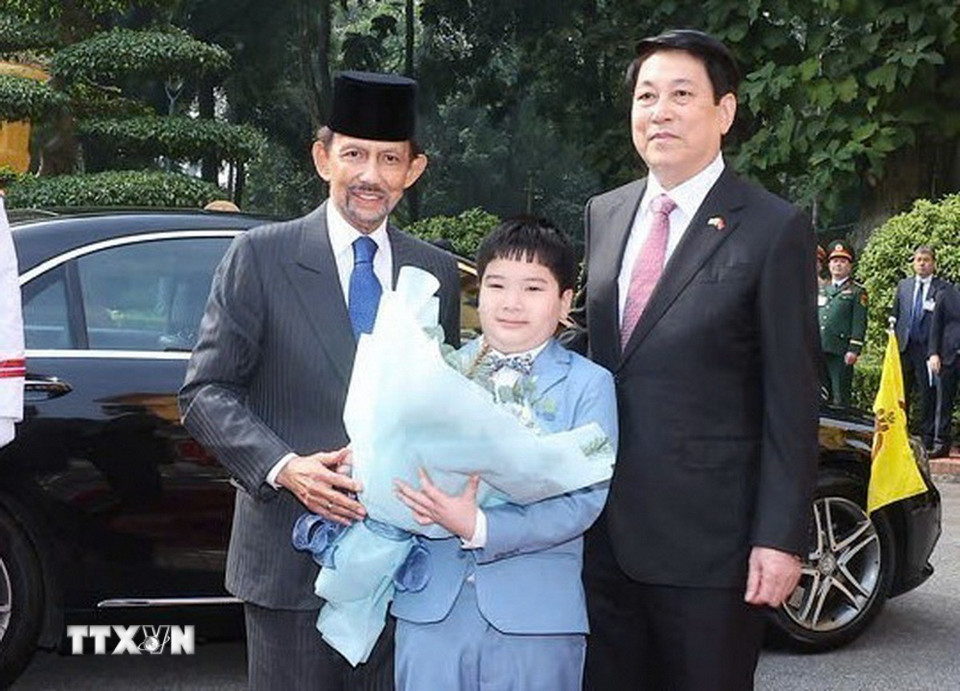 Thiếu nhi Thủ đô Hà Nội chào đón Chủ tịch nước Lương Cường đón Quốc vương Brunei Darussalam Haji Hassanal Bolkiah. (Ảnh: Lâm Khánh/TTXVN)