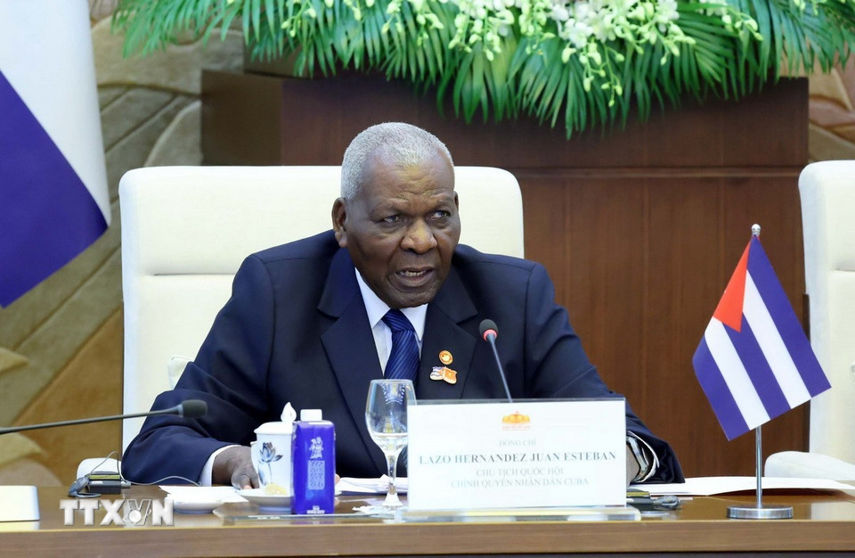 Chủ tịch Quốc hội Cuba Esteban Lazo Hernández phát biểu. (Ảnh: Phạm Kiên/ TTXVN)