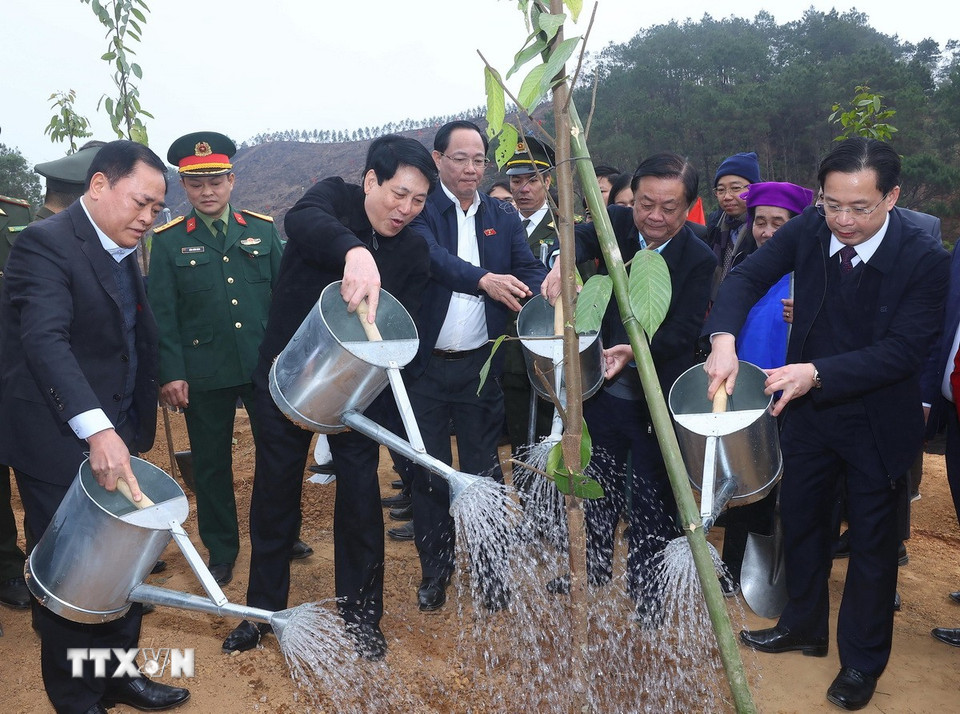 Chủ tịch nước Lương Cường và các đại biểu trồng cây tại huyện Chi Lăng, tỉnh Lạng Sơn. (Ảnh: Lâm Khánh/TTXVN)