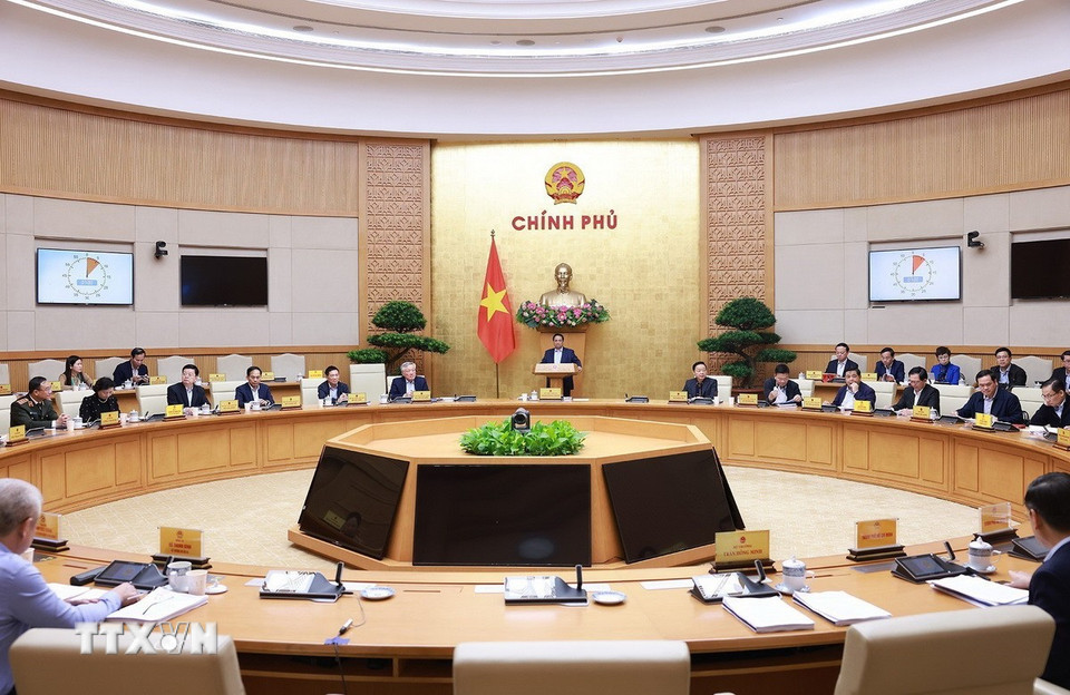 Thủ tướng Phạm Minh Chính chủ trì Phiên họp Chính phủ chuyên đề về Trung tâm Tài chính quốc tế tại Việt Nam. (Ảnh: Dương Giang/TTXVN)