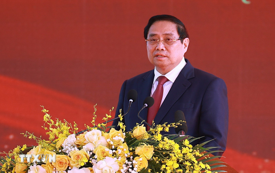 Thủ tướng Phạm Minh Chính phát biểu tại Lễ kỷ niệm 120 năm Ngày sinh Thủ tướng Phạm Văn Đồng. (Ảnh: Dương Giang/TTXVN)