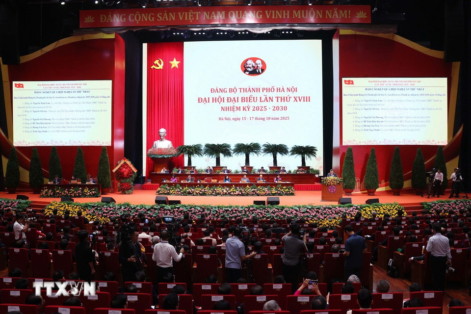 Đại hội đại biểu Đảng bộ thành phố Hà Nội lần thứ XVIII, nhiệm kỳ 2025-2030. (Ảnh: Văn Điệp/TTXVN)