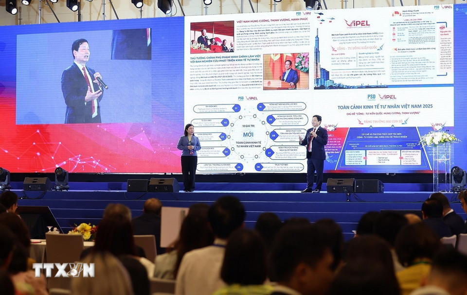 Đại diện các Hội đồng điều hành ViPEL đề xuất Mô hình “Công-tư đồng kiến quốc” và Cơ chế ViPEL. (Ảnh: Dương Giang/TTXVN)