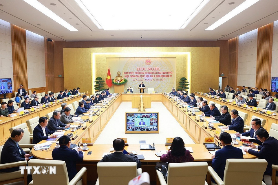 Hội nghị quán triệt, triển khai thi hành các luật, nghị quyết được thông qua tại Kỳ họp thứ tám quốc hội khóa XV. (Ảnh: Dương Giang/TTXVN)