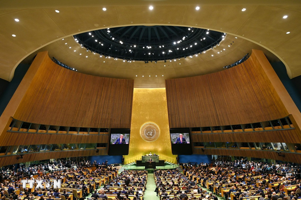 Sự kiện 9: Liên hợp quốc thông qua nghị quyết toàn cầu đầu tiên về AI. Ngày 21/3/2024, Đại hội đồng Liên hợp quốc thông qua nghị quyết mang tính bước ngoặt về việc thúc đẩy các hệ thống trí tuệ nhân tạo (AI) "an toàn, bảo mật và đáng tin cậy" để mang lại lợi ích là sự phát triển bền vững cho tất cả mọi người. (Ảnh: THX/TTXVN)