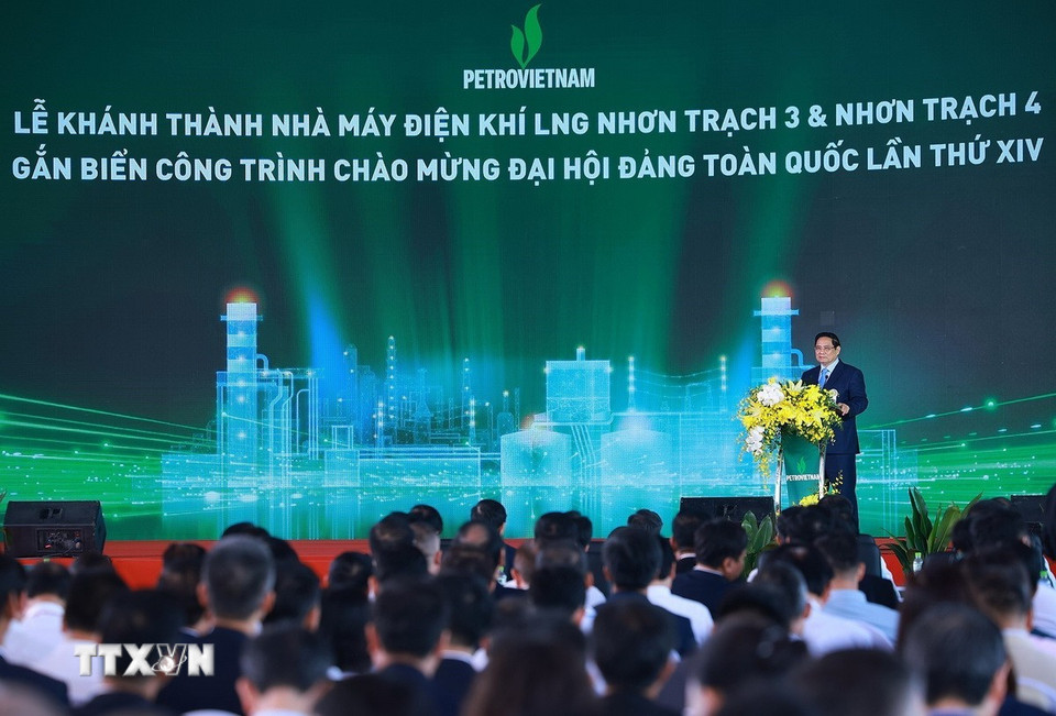 Thủ tướng Phạm Minh Chính phát biểu tại Lễ khánh thành Nhà máy Điện khí LNG Nhơn Trạch 3 và 4. (Ảnh: Dương Giang/TTXVN)
