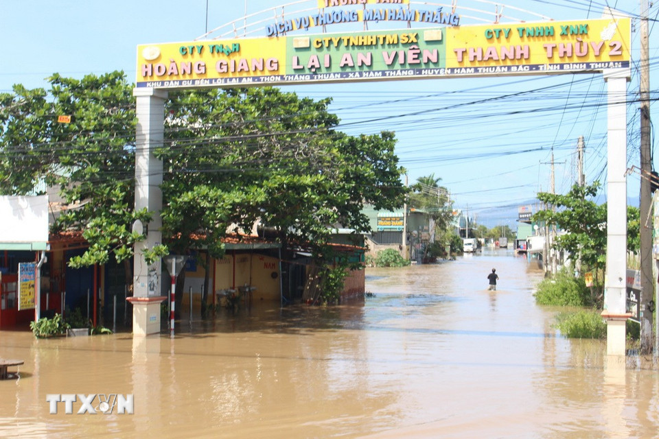 Hơn 7.000 căn nhà ở 18 khu phố ở phường Hàm Thắng bị ngập lụt. (Ảnh: Hồng Hiếu/TTXVN)