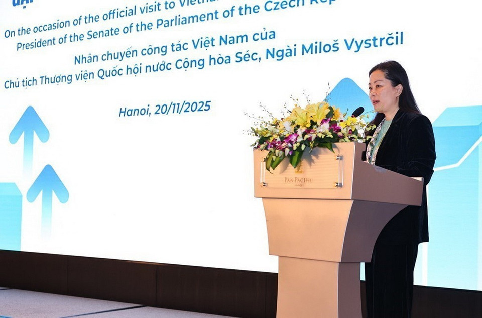 Bà Trần Thị lan Anh, Tổng Thư ký Liên đoàn Thương Mại và Công nghiệp Việt Nam phát biểu. (Ảnh: Minh Đức/TTXVN)