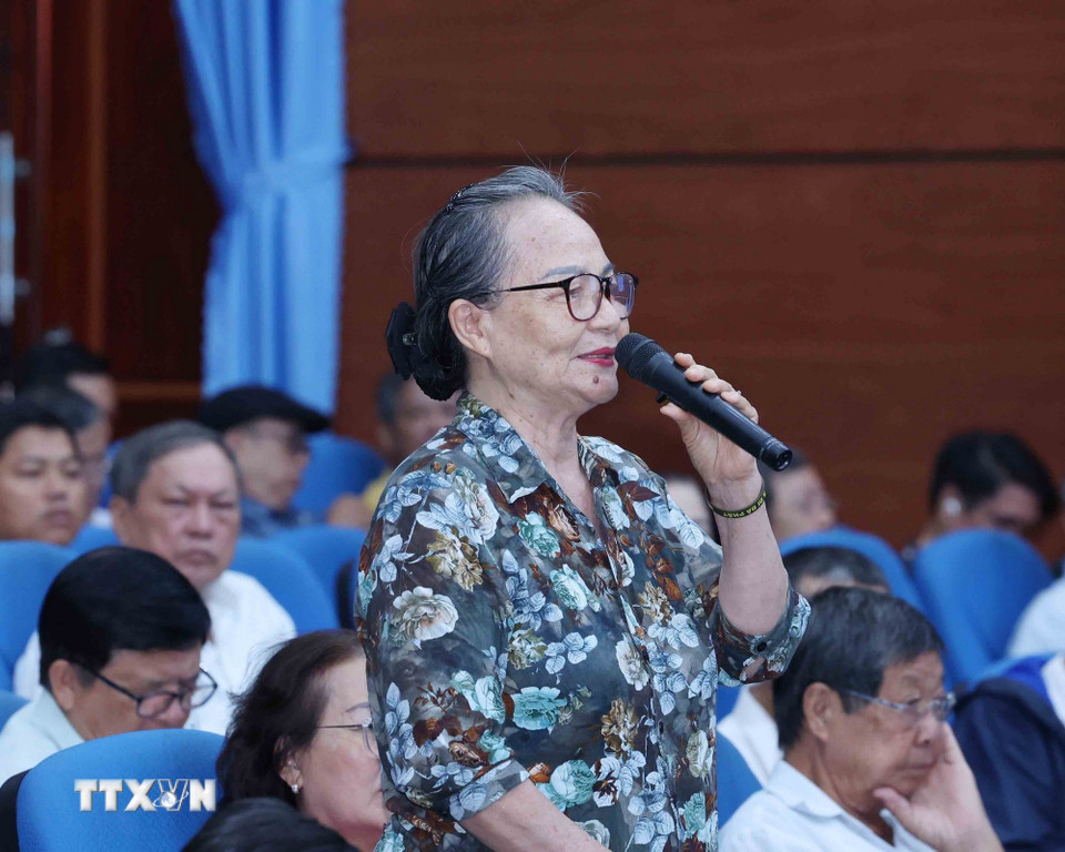 Cử tri phường Thanh Khê Lê Thị Bích Liên phát biểu tại hội nghị. (Ảnh: Phương Hoa/ TTXVN)
