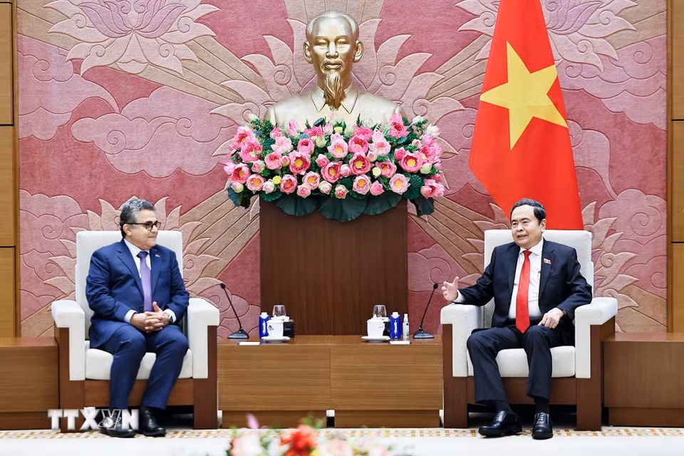 Chủ tịch Quốc hội Trần Thanh Mẫn tiếp Đại sứ đặc mệnh toàn quyền Nhà nước Palestine tại Việt Nam Saadi Salama. (Ảnh: Doãn Tấn/TTXVN)