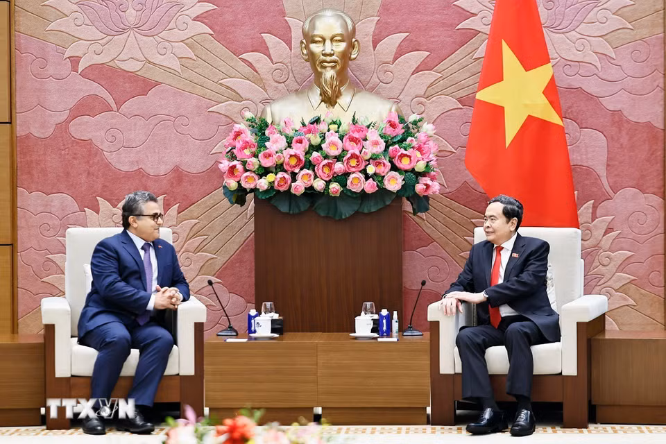 Chủ tịch Quốc hội Trần Thanh Mẫn tiếp Đại sứ đặc mệnh toàn quyền Nhà nước Palestine tại Việt Nam Saadi Salama. (Ảnh: Doãn Tấn/TTXVN)