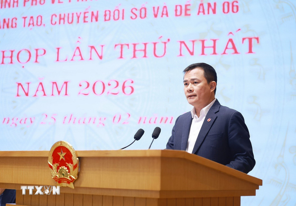 Chủ tịch kiêm Tổng giám đốc Tập đoàn Công nghiệp - Viễn thông Quân đội (Viettel( Tào Đức Thắng phát biểu. (Ảnh: Dương Giang/TTXVN)