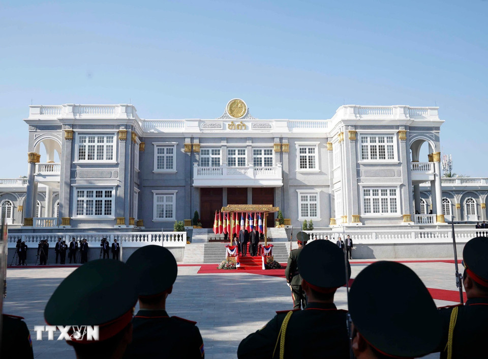 Lễ đón Tổng Bí thư Tô Lâm thăm cấp Nhà nước tới Lào. (Ảnh: Thống Nhất/TTXVN)
