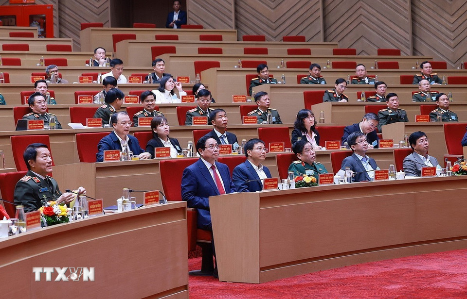 Thủ tướng Phạm Minh Chính dự Hội nghị đảm bảo an ninh, trật tự phục vụ phát triển kinh tế-xã hội Vùng đồng bằng sông Cửu Long. (Ảnh: Dương Giang/TTXVN)