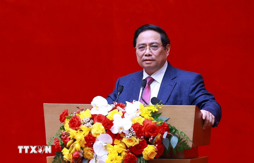 Thủ tướng Phạm Minh Chính phát biểu kết luận Hội nghị đảm bảo an ninh, trật tự phục vụ phát triển kinh tế-xã hội Vùng đồng bằng sông Cửu Long. (Ảnh: Dương Giang/TTXVN)