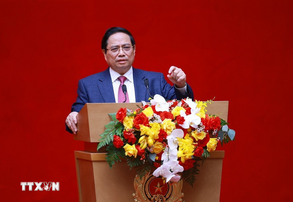 Thủ tướng Phạm Minh Chính phát biểu kết luận Hội nghị đảm bảo an ninh, trật tự phục vụ phát triển kinh tế-xã hội Vùng đồng bằng sông Cửu Long. (Ảnh: Dương Giang/TTXVN)