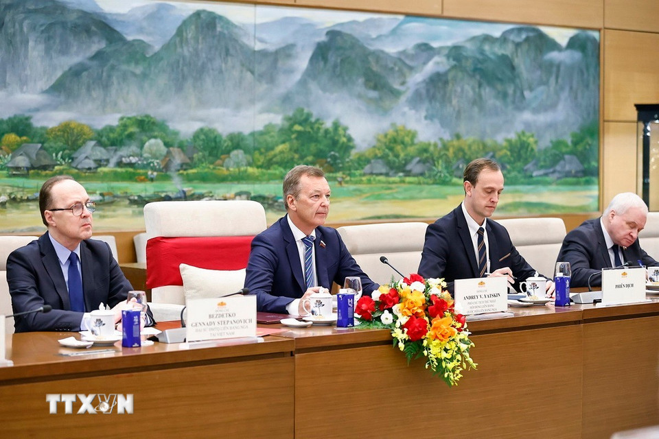 Phó Chủ tịch Thứ nhất Hội đồng Liên bang Quốc hội Liên bang Nga Andrey Vladimirovich Yatskin phát biểu. (Ảnh: Doãn Tấn/TTXVN)