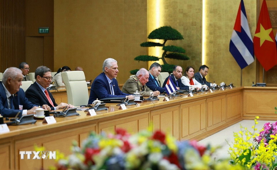 Bí thư thứ nhất, Chủ tịch Cuba Miguel Díaz-Canel Bermúdez phát biểu. (Ảnh: Dương Giang/TTXVN)